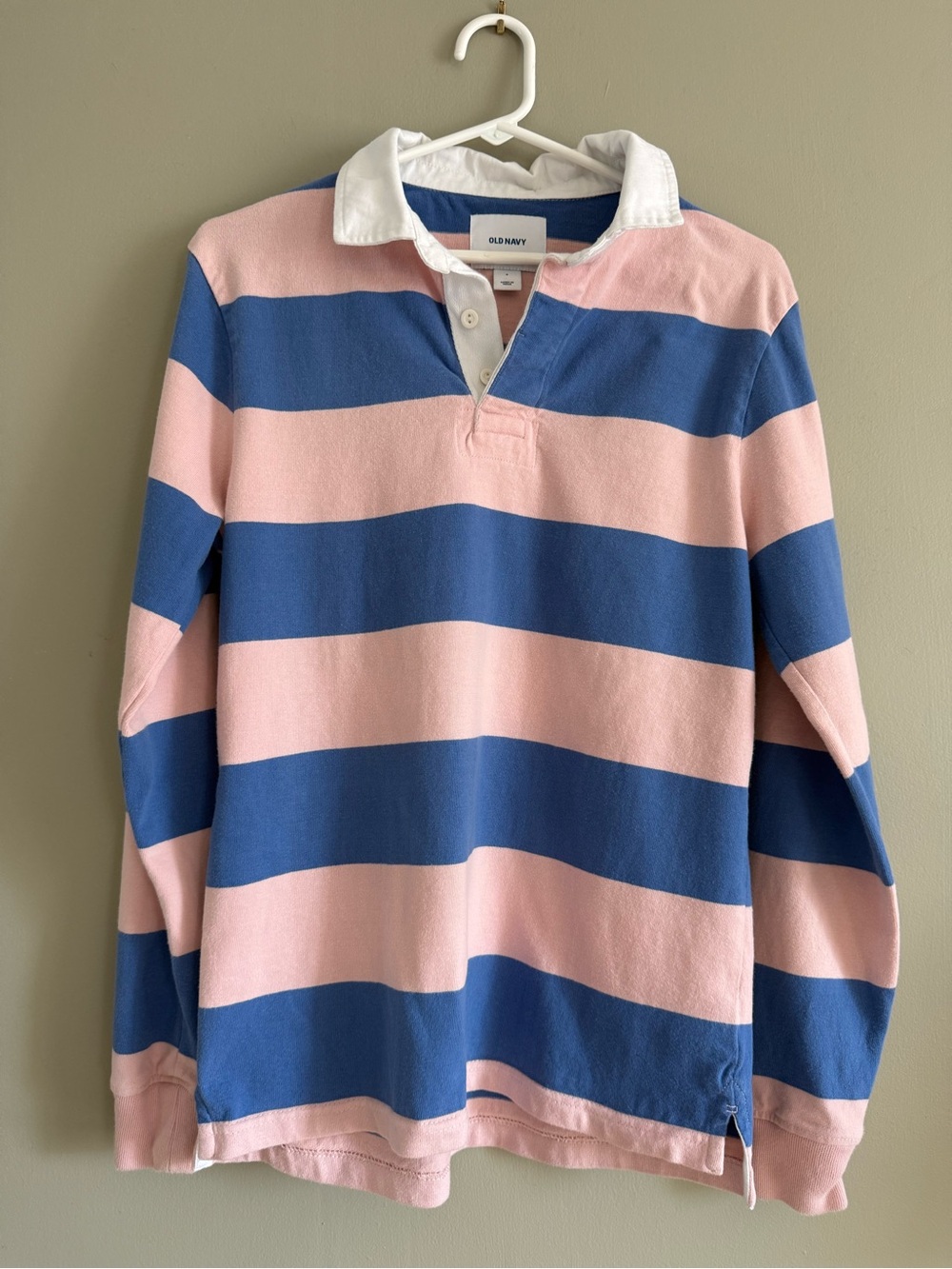 Old Navy Powder Pink Blue Stripe Rugby Shirt 100% Cotton Long Sleeve Small Y2K